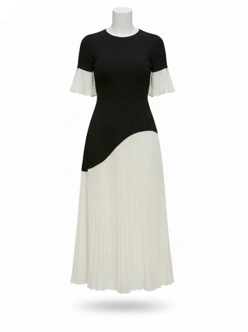 Black & White Patchwork Midi Dress – Casual Elegance