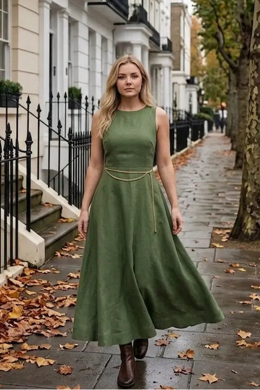 Elegance Green Cotton Dress – Loose Mid-Calf Cut
