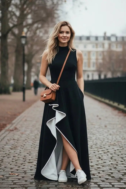 Asymmetric Black Maxi Dress – Cut-Out Details