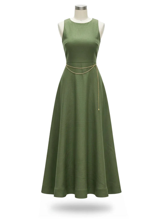 Elegance Green Cotton Dress – Loose Mid-Calf Cut